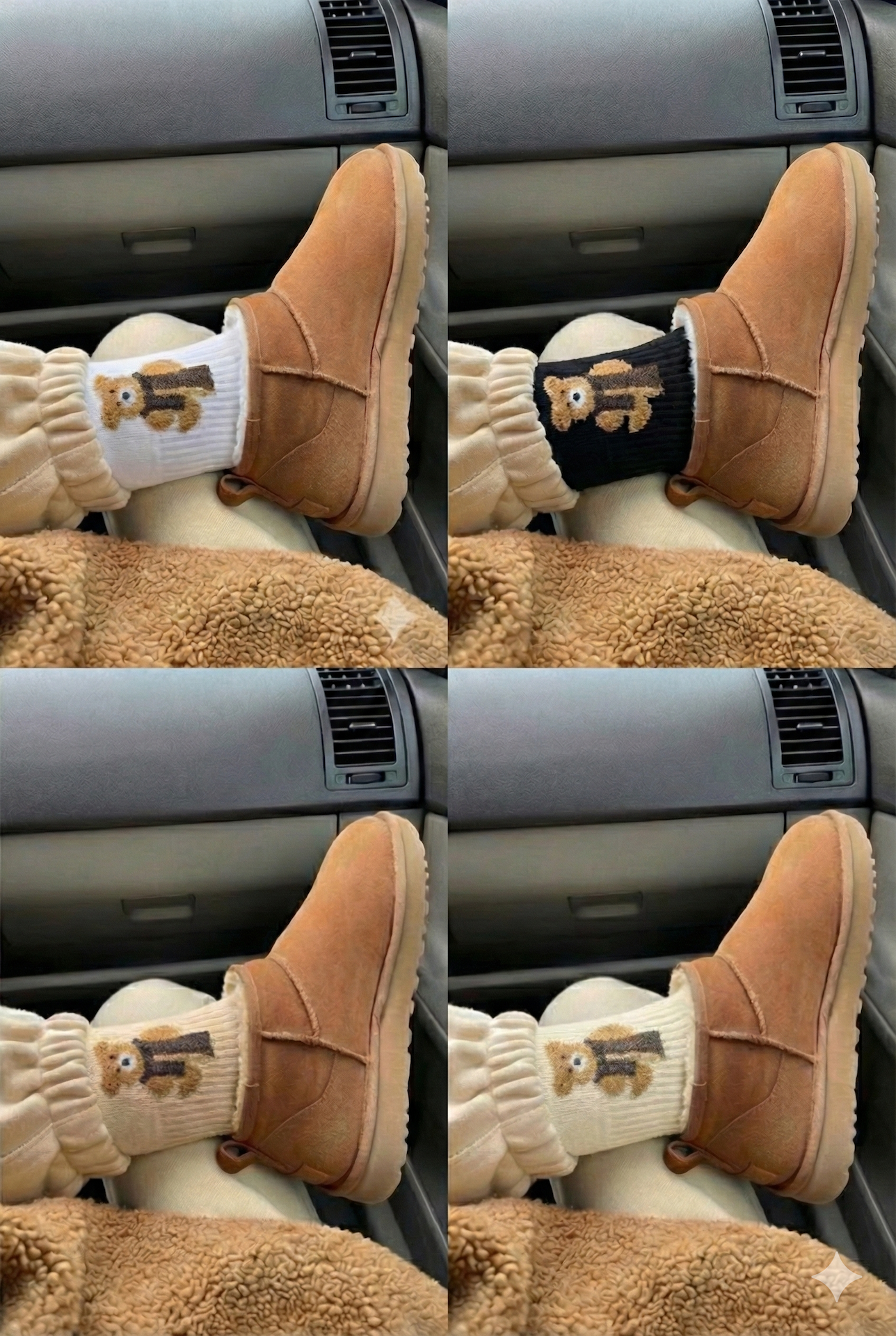 4’lü Ayıcık Desenli Kadın Soket Çorap Seti | Siyah – Beyaz – Bej – Krem | Yumuşak & Günlük Kullanım